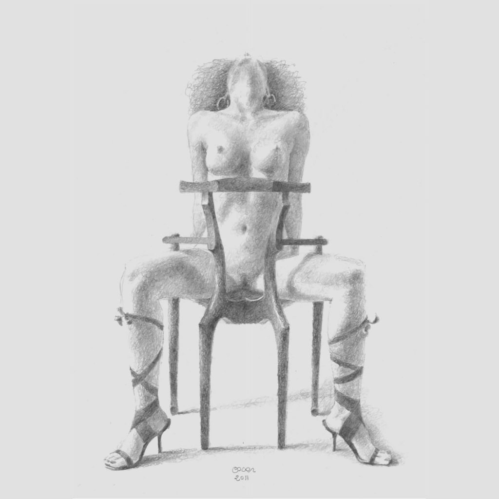 Dama Molliniana, dibujo a lápiz de Óscar Tusquets, con una modelo posando sobre su silla más icónica: la Gaulino